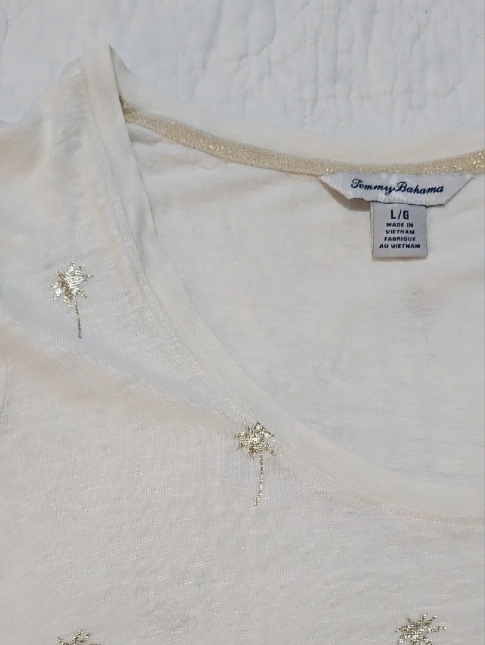 Tommy Bahama Cream Short Sleeve Scoop Tee with Gold Palm Tree Foil Motif - Picture 2 of 4